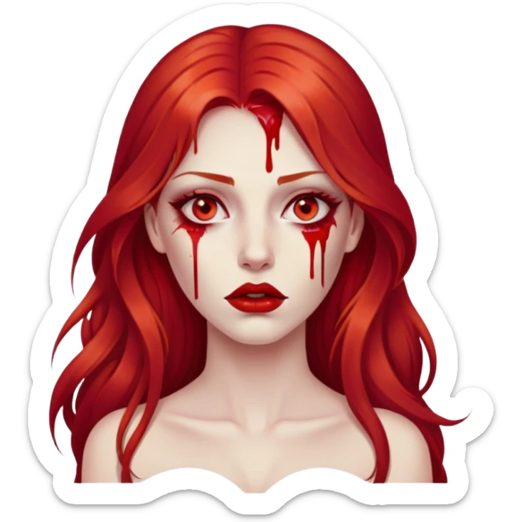 a woman with long red hair and red eyes. She have red lipstick. blood on face and metaphorical chest sticker