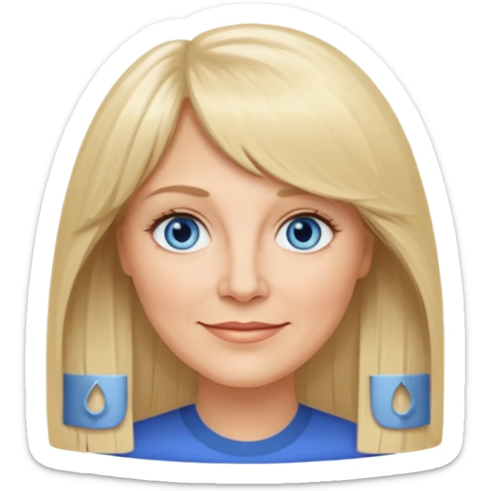 50 yr old white woman, curtain bangs, long straight blond hair, oval face, small smile, blue eyes sticker