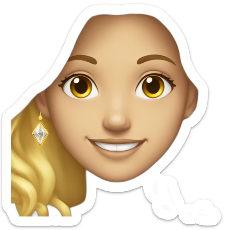 blonde, brown eyes, smiling, yellow diamond earrings, long hair, shown halfbody sticker