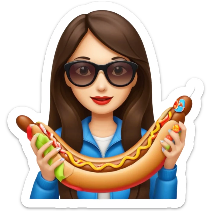 tourist brunette long hair woman with sunglasses holding hot dog sticker