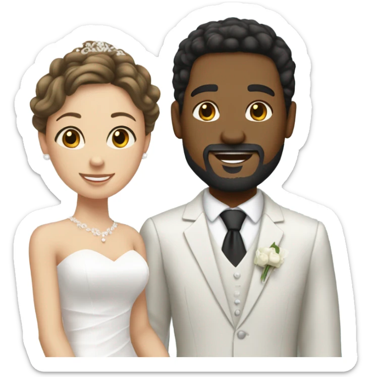 African-American groom with goat tee and Caucasian brunette wife sticker
