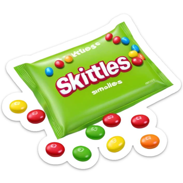 A pile of green Skittles candies next to a colorful Skittles package. Simple minimalist design. sticker