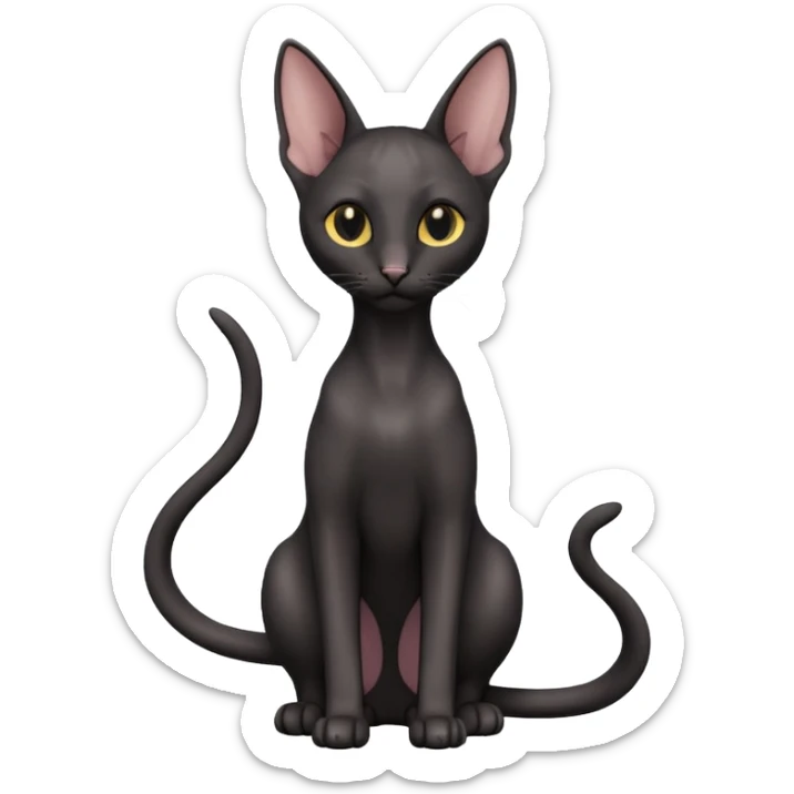 A 3D cartoon black Oriental Shorthair cat with bulky body, tall ears, reflective fur, dark cinematic background, Memoji-style. full body or half body. sticker