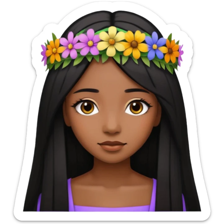 ["Deep brown skin female, long straight black hair, wearing a multicolored wildflower crown."] sticker