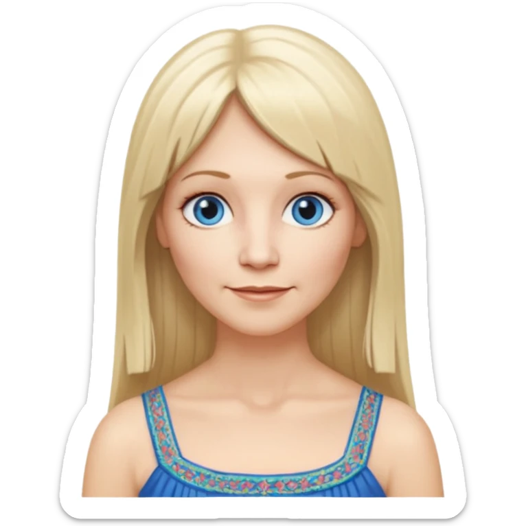 50 yr old white woman, hippie parted very long hair, short bangs, very long straight blond hair, oval face, small smile, blue eyes, thin face, hair downback, hair parted at center of head, round cheeks, pale, longer hair, white evening dress sticker