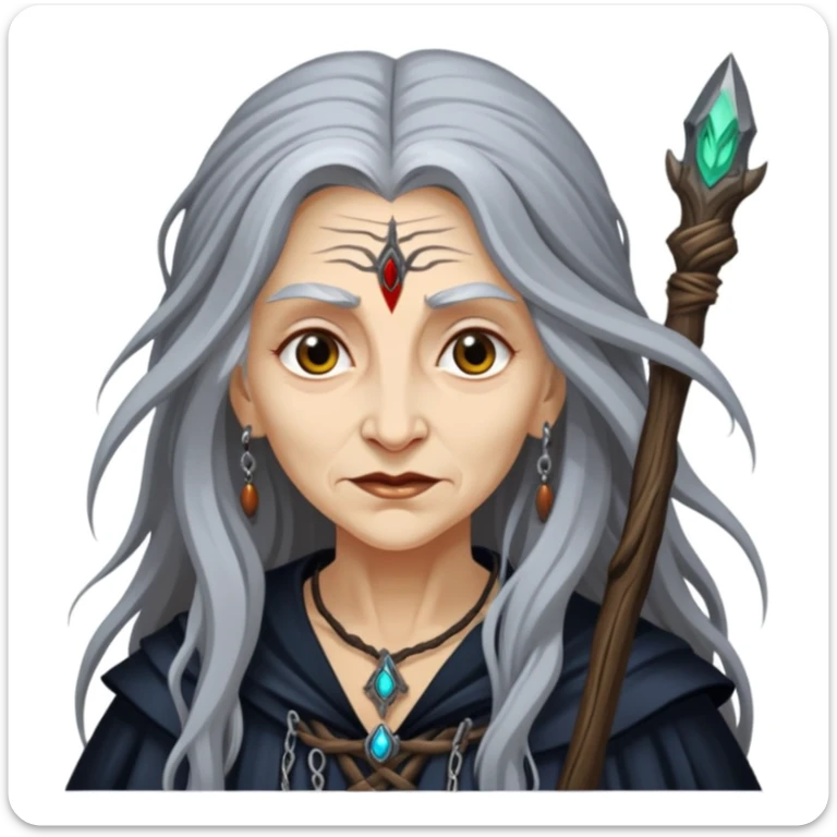 Baba Yaga sorceress woman with long wild hair, forest background sticker