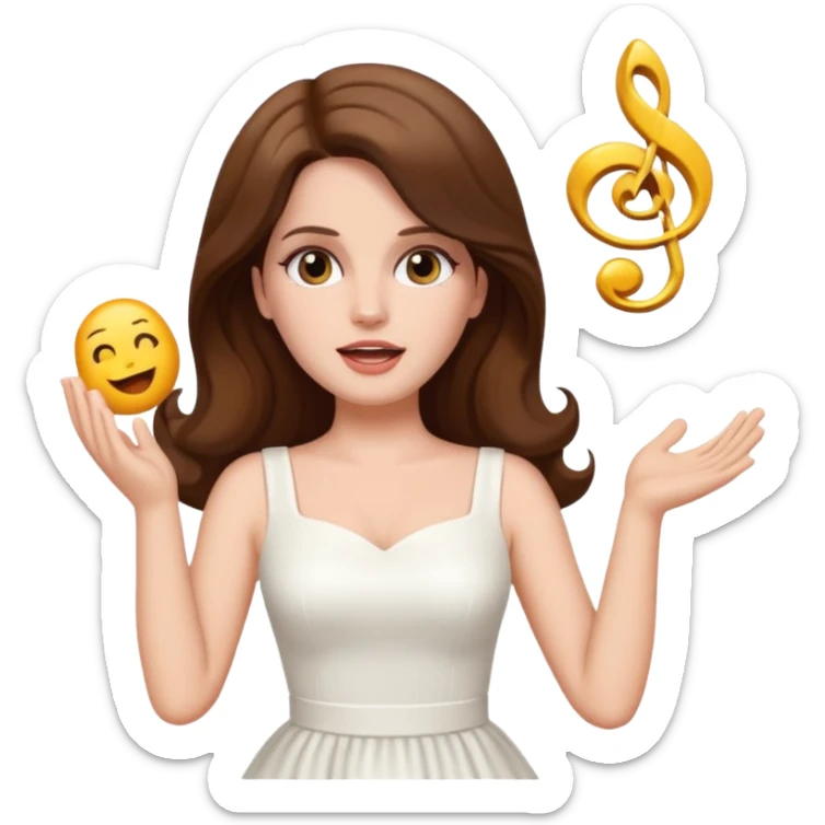 emoji-style Lana Del Rey, white dress, singing pose, very simple and iconic look sticker