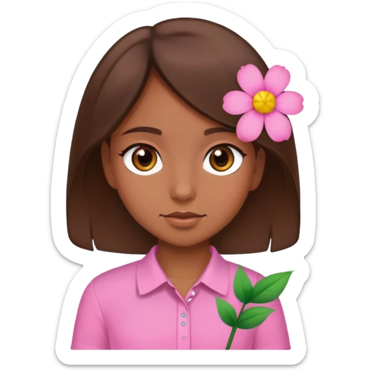 Brown eyed and haired girl wearing a pink shirt with a flower sticker