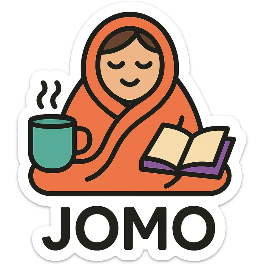 Slack emoji for JOMO, cozy person with blanket, tea, and book, acronym 'JOMO' visible, color outline icon style sticker