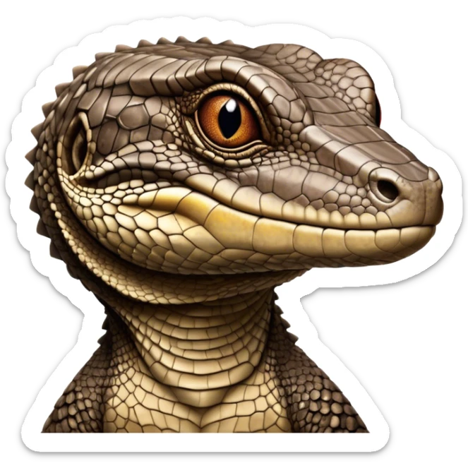 Cinematic Noble brown camo spotted monitor Lizard Portrait Emoji, Poised and regal, with a robust, scaled body exhibiting striking, mottled patterns and piercing, alert eyes, Simplified yet sharp and sophisticated features, highly detailed, glowing with a soft, earthy glow, high shine, intelligent and formidable, stylized with an air of ancient wilderness, focused and commanding, soft glowing outline, capturing the essence of a watchful and confident reptilian guardian that appears ready to stride out of the screen with effortless authority! sticker