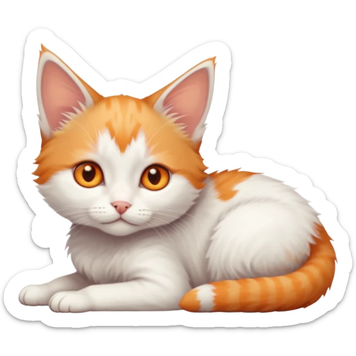full body of very small + skinny ginger and white kitten with deep orange eyes and triangular shaped face lying down sticker