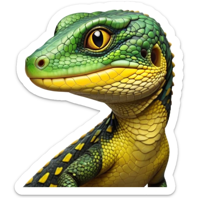 cinematic-realistic-cute-monitor-lizard-portrait-emoji,-head-tilted-playfully-and-inquisitively,-featuring-a-compact,-agile-body-with-finely-detailed,-glossy-scales-in-earthy-black and yellow-hues-and-a-distinct,-alert-face-with-bright,-curious-eyes, black , yellow spotted and green band  scales and a slender neck sticker