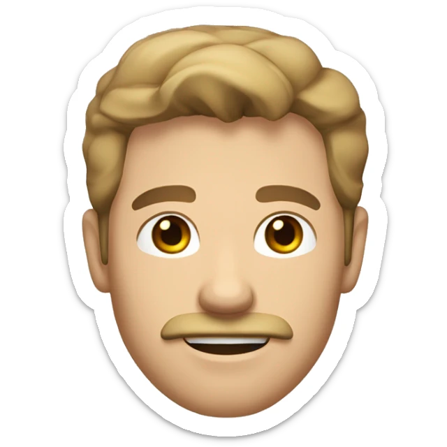 A caucasian guy with a chizeled jaw line and a 70-30 light brown hair part and stubble beard with moustache sticker