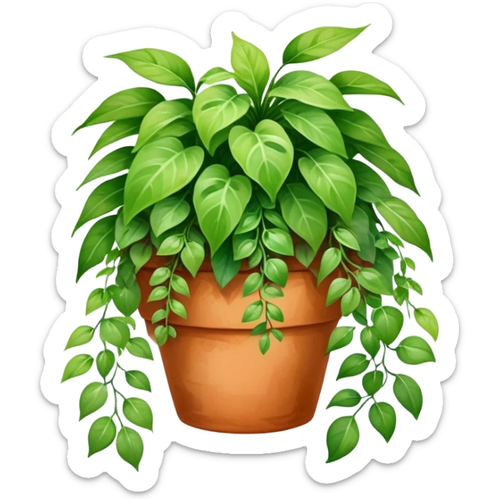 A vibrant hanging plant in a terracotta pot, painted in soft watercolor strokes with detailed leaves cascading down. sticker
