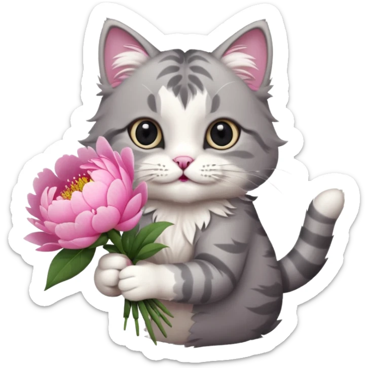 Cute cat Handing pink peonies like reaching a hand and handing them out a bouquet of them not a physical hand the cats hand  make the cat fluffy and grey and white fluffier fluffier  sticker