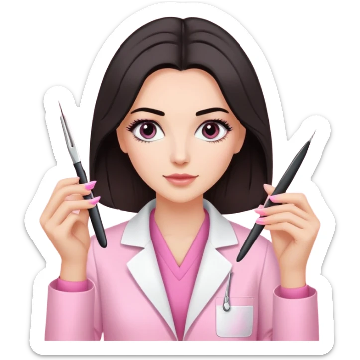 Mulher branca de cabelos pretos na altura dos ombros, vestindo jaleco rosa e segurando uma pinça de extensão de cílios sticker