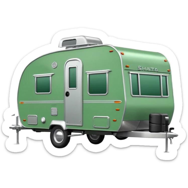 Shasta travel trailer, colored all green, the same green shade as movie trailer green preview card, grey tires and grey hitch sticker