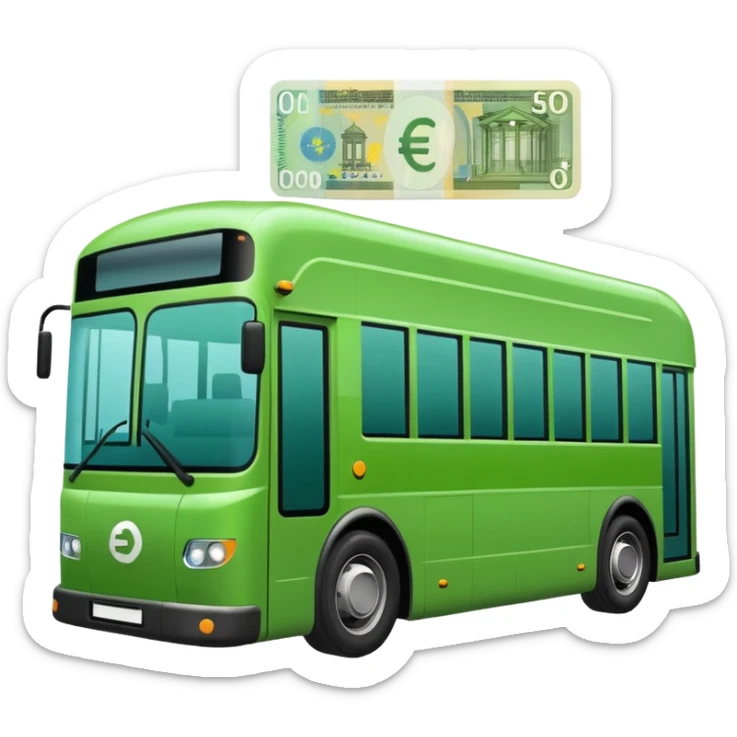 green electric bus with a big green euro bill showing a '0' sticker