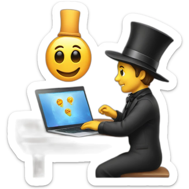 magician programming a laptop with an emoji of a truck on the laptop screen sticker