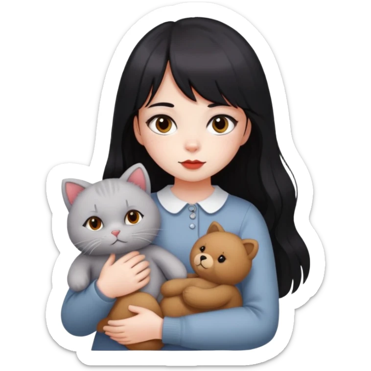 girl,drak eyes, red cheeks, black long hair with a bang, white face, holding a British gray cat and a brown teddy bear sticker