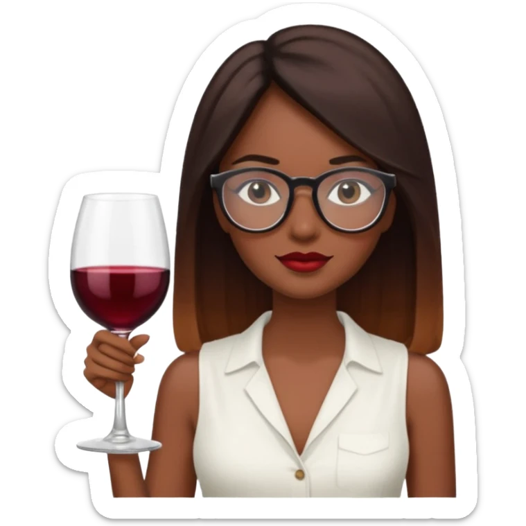 a woman with dark skin.
She has long, straight brown hair. with wine ombré hair 
He wears black-framed glasses. vintage oval.
She wears a white sleeveless blouse. sticker