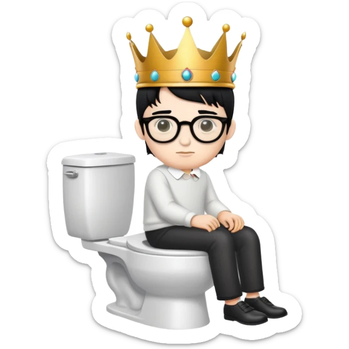 King with crown sitting on a toilet, wearing round glasses and black hair sticker