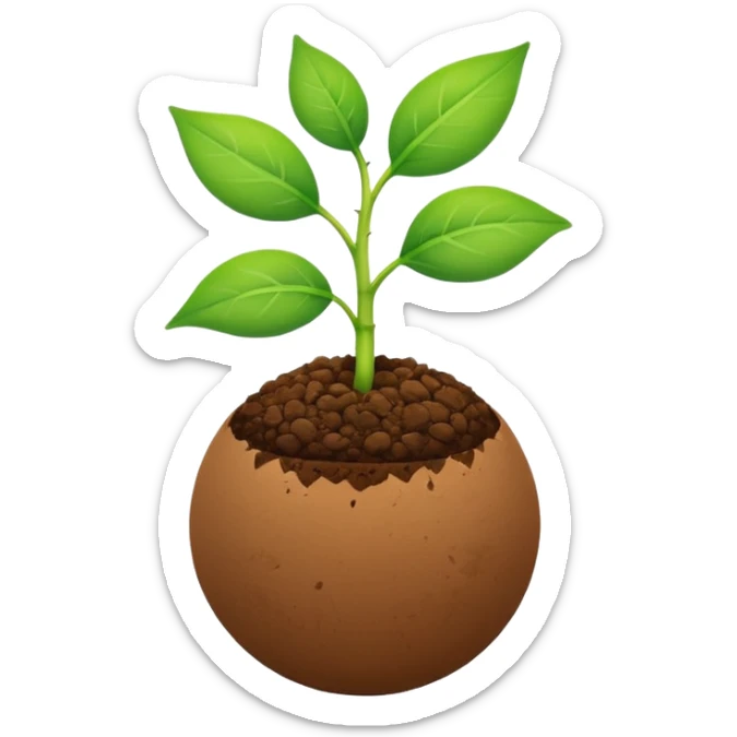 A sprout emoji in the style of Apple emojis, with two small green leaves and a thin stem growing from the top of a round brown ball representing soil. sticker