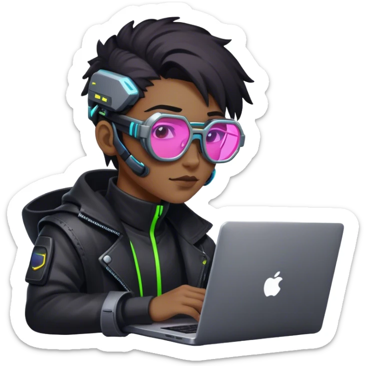 An emoji of a person with a laptop, but wearing cyberpunk glasses and with a slight neon glow sticker