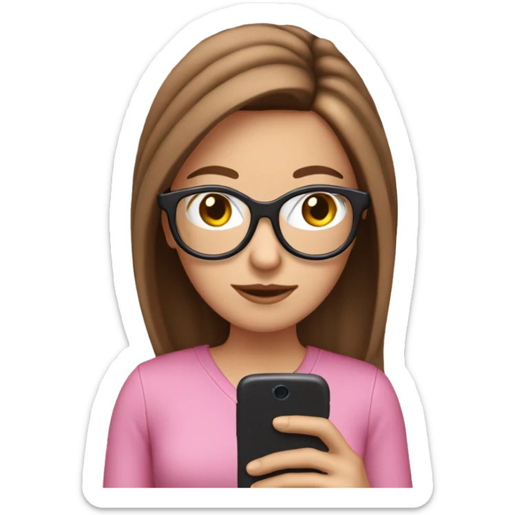 White girl with glasses and brown hair reading on a pink smart phone sticker