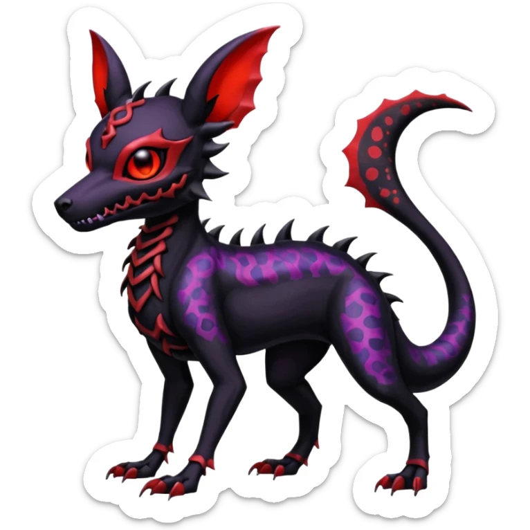 Gothic Black red purple Scaley Exotic Salandit-Umbreon-Noibat-Houndoom-Fakémon-hybrid-creature (full body), 4 legs, skull face mask sticker