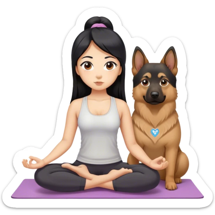 Asian, black hair and eyes, long straight hair, doing yoga, big eyes and nose, pretty, with a fat german shepherd sticker