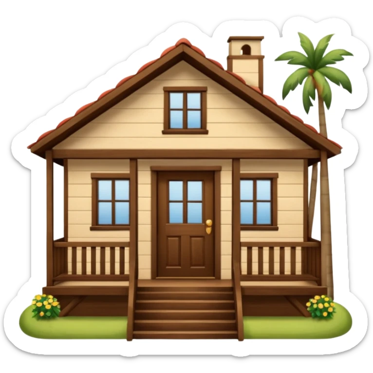 A wooden house typical of Puerto Rican rural neighborhoods, with a simple and cozy design featuring a central functional door, two symmetrical windows, a front porch with open railings, and space for a rocking chair. Emoji style, brown and wooden. sticker