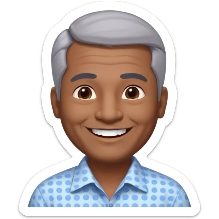 50 yr old indian man, dark skin, grey hair, big smile, white teeth, chubby, no moustache, clean shaven, young style hair, hair brushed back, 5 oclock shadow, dot on forehead, dress shirt sticker