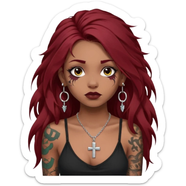 generate an ios genmoji of a dusky girl with long dark red messy hair with eyeliner on her eyes.  septum piercing, wearing a cami black top, has tattoos, on shoulders. ear piercings. wearing a cross silver necklace. carrying a big roll of fabric  sticker