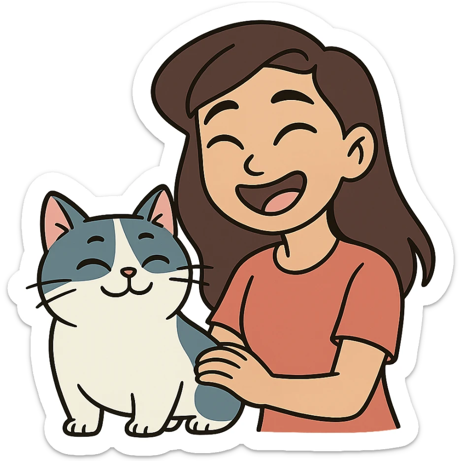 flat toon style of a brown-haired Asian girl and her blue and white Manchikon cat, both happy sticker