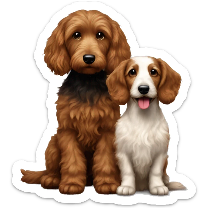  Brown goldendoodle and a black and brown longhair dachshund sitting together  sticker