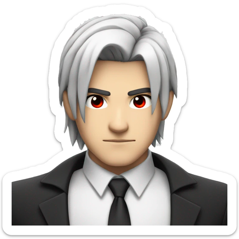 Anime hero emoji with black and white hair, red eyes, and a serious, determined expression in a black hero suit sticker