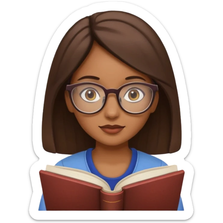 generate a genmoji of a dusky beautiful girl with reading glasses, reading a book sticker