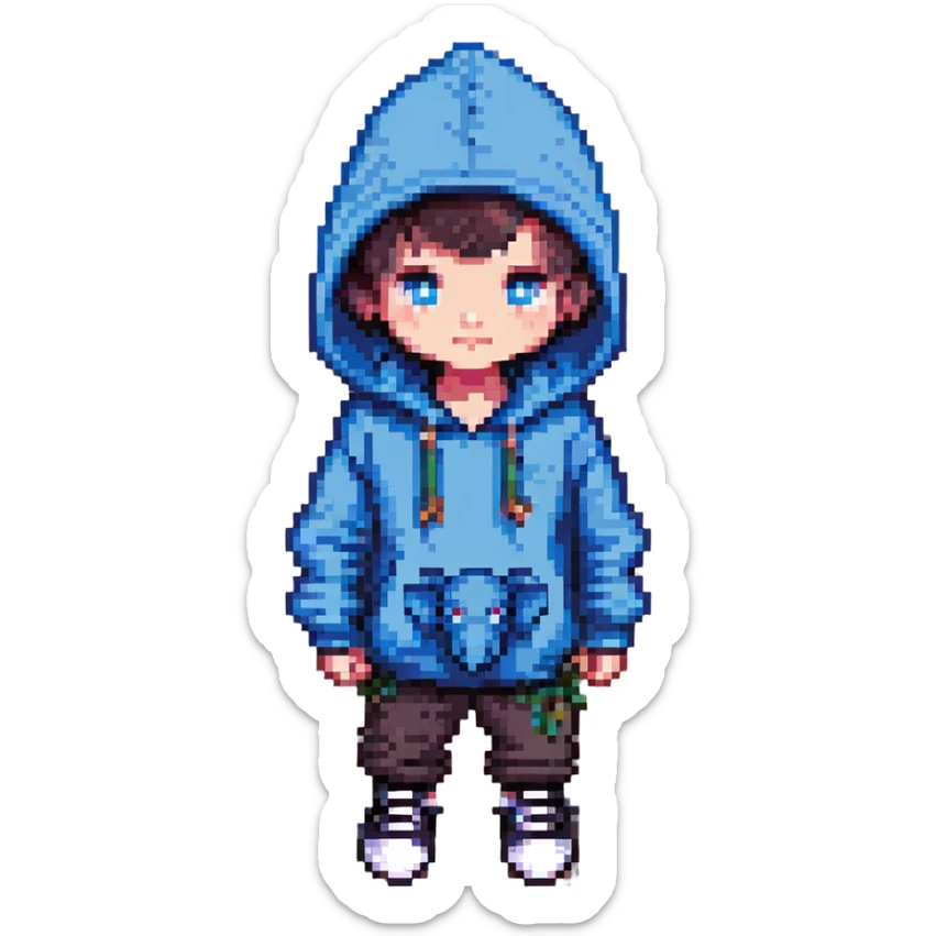 pixel art kid wearing a hoodie with an elephant inside the hoodie, black shoes, top hat, blue eyes sticker