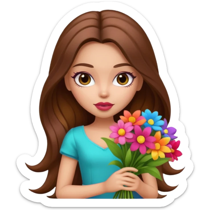 stylish pretty bratz baddie, long brown hair holding big bouet of flowers  sticker