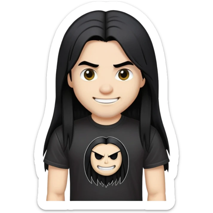 A heavy metal fan with long straight black hair, wearing a black heavy metal band t-shirt, with a smirky smile on face sticker
