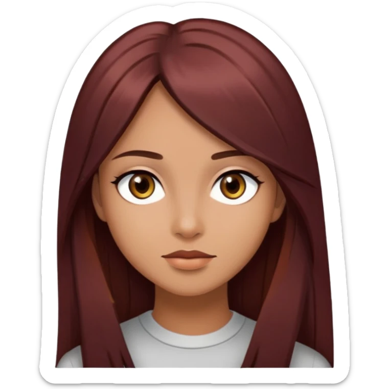 long dark reddish hair, straight hair, olive skin tone, dark brown eyes, Y2K sticker
