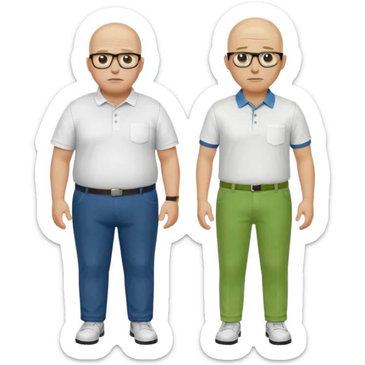 two guys, the first guy is white and have hair but only around his head and not on top, have glases a white dressshirt with rolled up sleeves and green pantsThe second guy has a yellow skin white golf shirt blue jeans and bald they should stand next to eachother they are both really fat  sticker