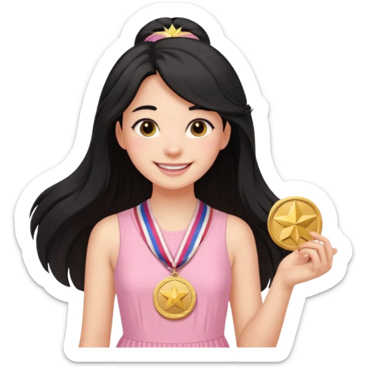 black haired girl wearing pastel pink with medals remove any hats, make her smile, make her hair longer sticker