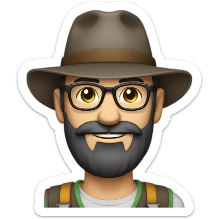 happy smile gardener face long dark beard and bald dark hair round glasses brown eyes and a hat sticker