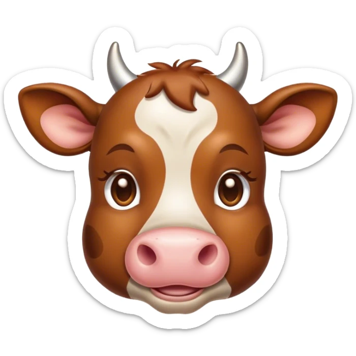 Cinematic Cute Brown Cow Portrait Emoji, Head tilted playfully and inquisitively, featuring a glossy, rich brown hide with a natural sheen, round, sparkling brown eyes filled with gentle curiosity, Simplified yet irresistibly adorable features, highly detailed, glowing with a warm, friendly glow, high shine, affectionate and serene, stylized with a touch of country charm, bright and endearing, soft glowing outline, capturing the essence of a mischievous yet loving cow, so playful it feels like it could moo out of the screen and into your arms! sticker