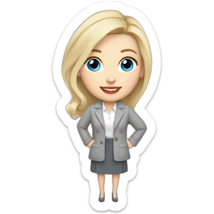 pale skin woman interior designer with cold blonde middle length hair, blue eyes, White blouse, Gray oversize jacket, Gray skirt holding a color palette in the hands sticker