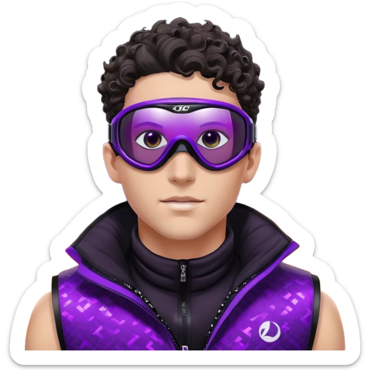 close-up of male athlete with white skin and moderately curly dark brown hair on top with shaved sides, wearing ski goggles with purple frames and very dark black lenses, a simple plain black chain necklace, and a completely unzipped sleeveless vest with purple and black sequin fire pattern design with no logo, frame centered on face and upper chest sticker