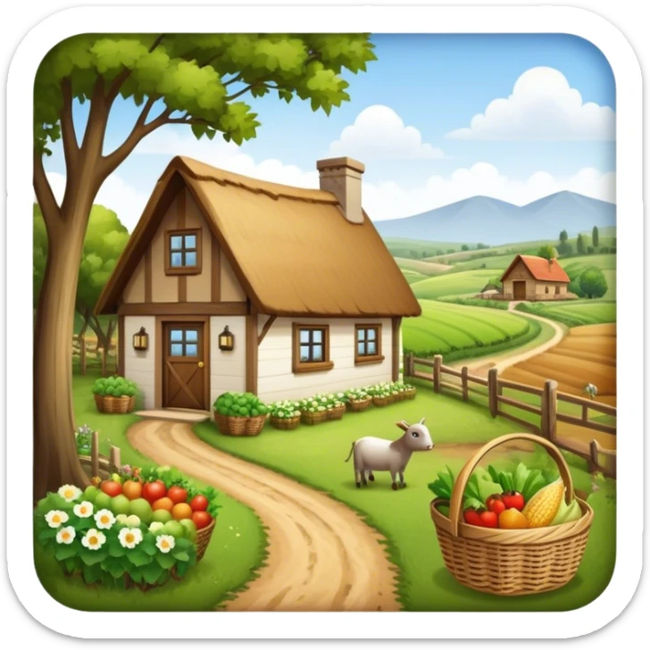 Icon for Rural Tourism: a peaceful countryside scene with a wooden cottage, a dirt path, grazing animals, and a basket of fresh produce. The icon should represent the tranquility and charm of rural life. Transparent background. sticker