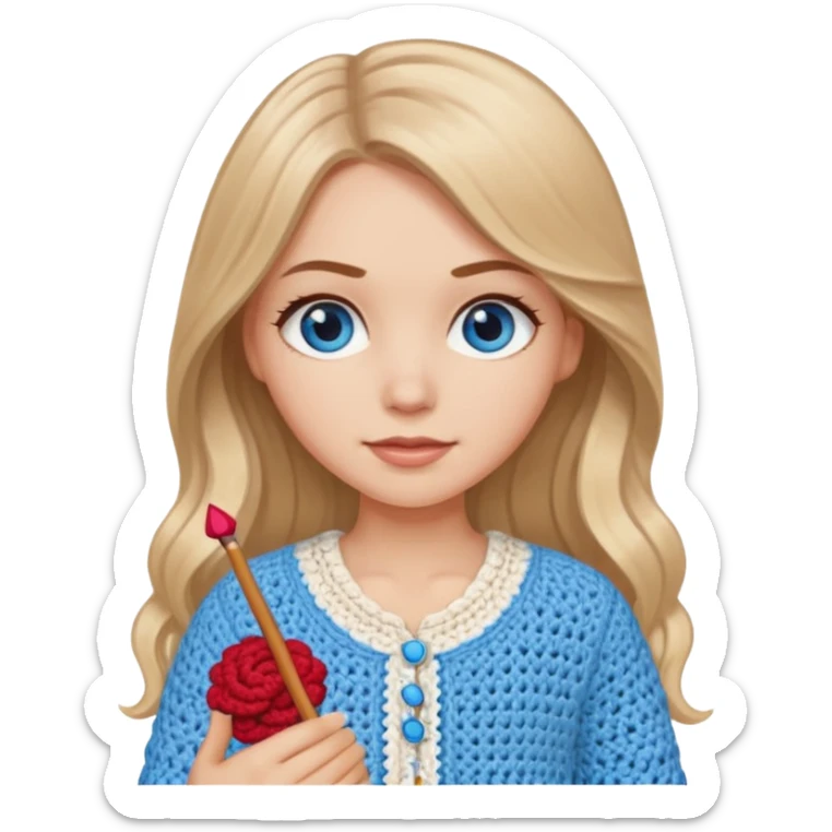 White Girl with long light brown slightly blonde ish hair and blue eyes who likes crocheting clothes sticker